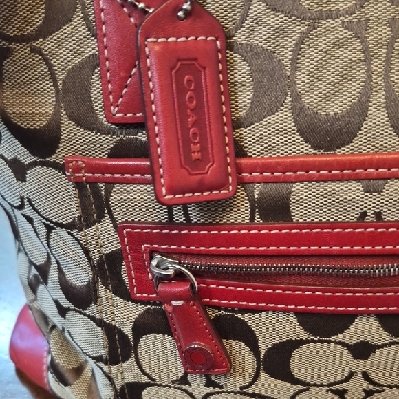 Coach Tan Signature Canvas Tote with Red Leather Trim Vintage K1J-6082 - Picture 10 of 15